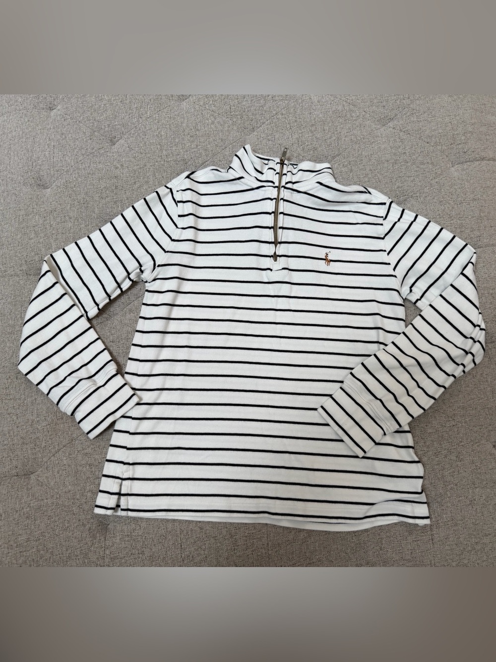 EUC POLO RALPH LAUREN BOYS BLUE AND WHITE STRIPE COTTON QUARTER ZIP SWEATER MED